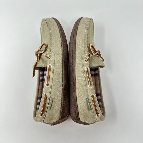 LL Bean Women's Handsewn Suede Flannel Lined Moccasin Peat Moss Slip On - Picture 4 of 12